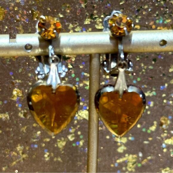 Screw Back Amber Colored Dangling Heart Earrings - Picture 1 of 5